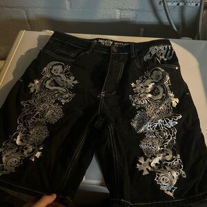 Ninth Way Black Jean Shorts with Silver Dragon Design